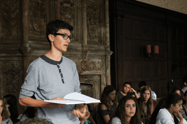 A young student speaking in a debating class in Oxford