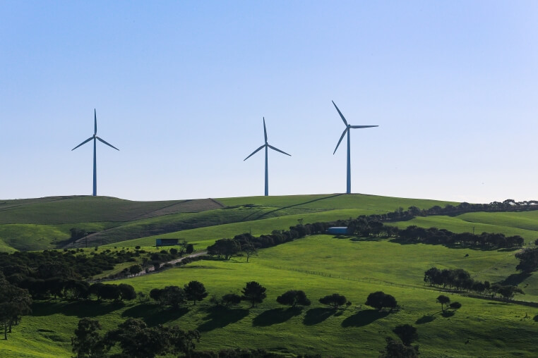 Windmills in a large green field