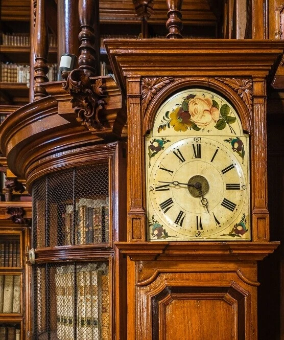 A grandfather clock in a library
