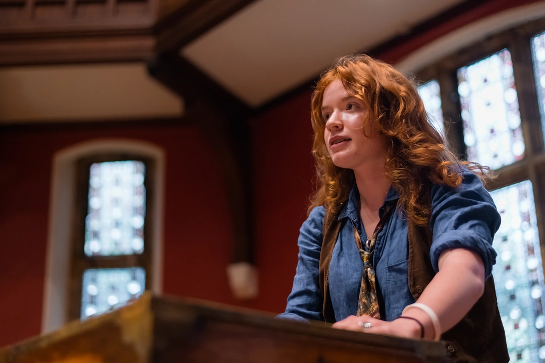 An Oxford Scholastica student debating during a summer school.