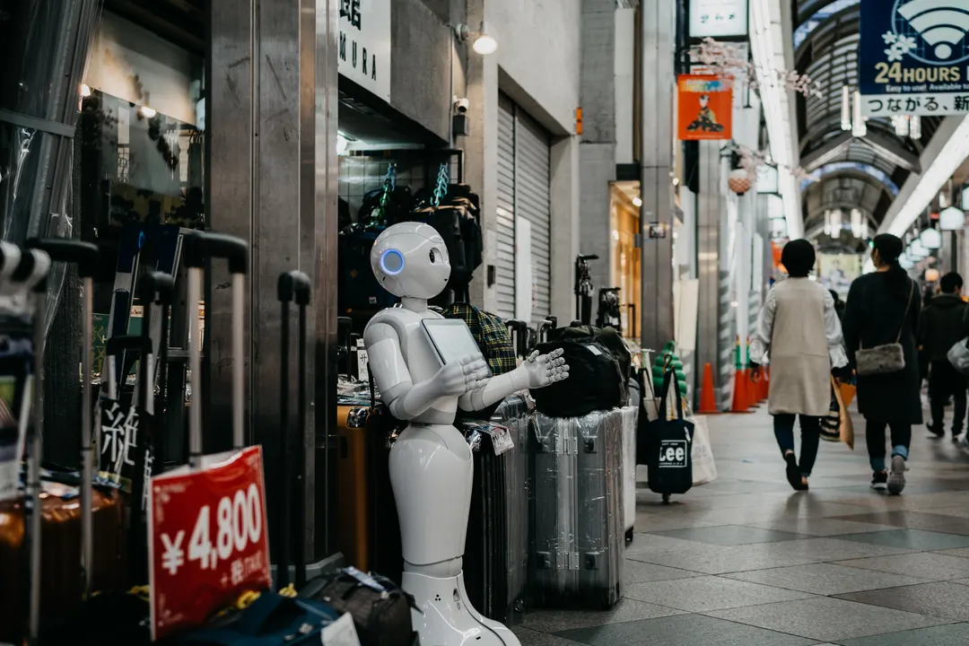 Artificial intelligence robot standing in front of a store