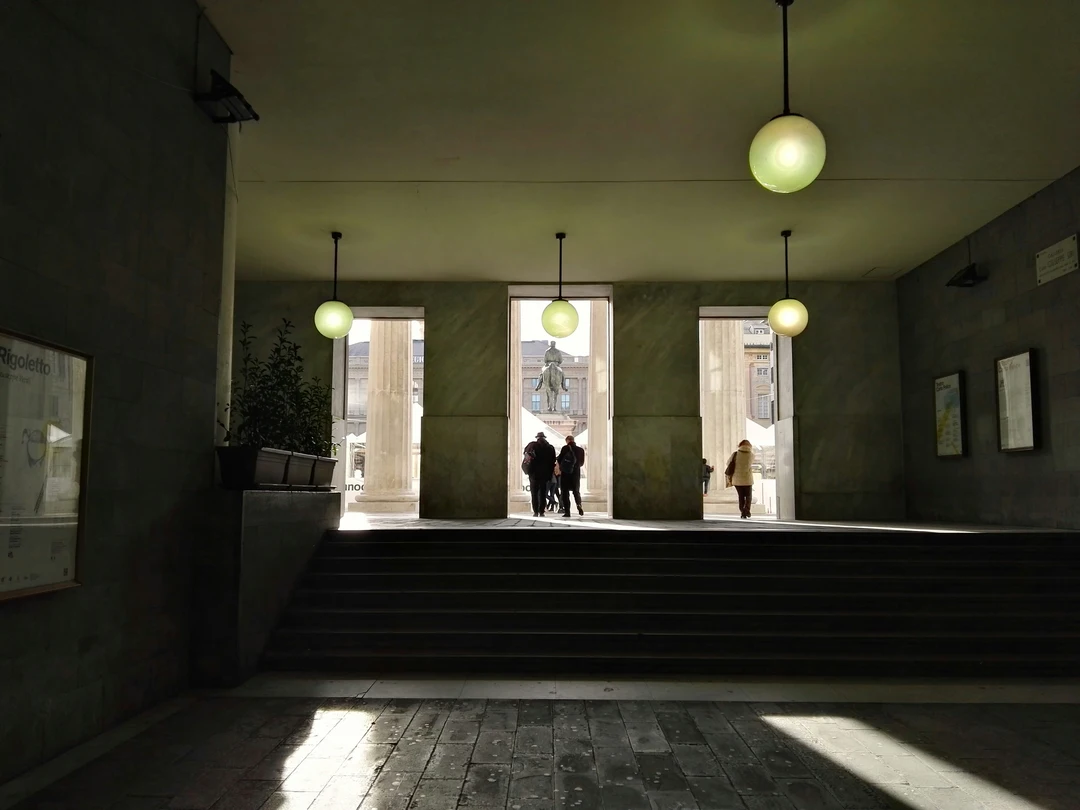 Inside the lobby of the Teatro Carlo Felice, designed by Aldo Rossi