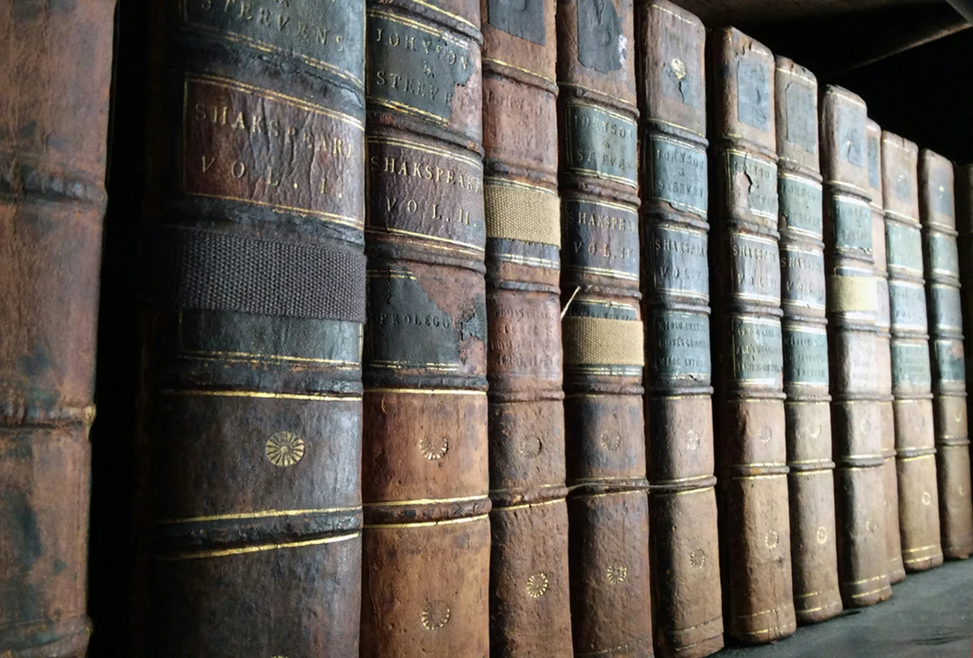 Row of Shakespeare volumes on a bookshelf