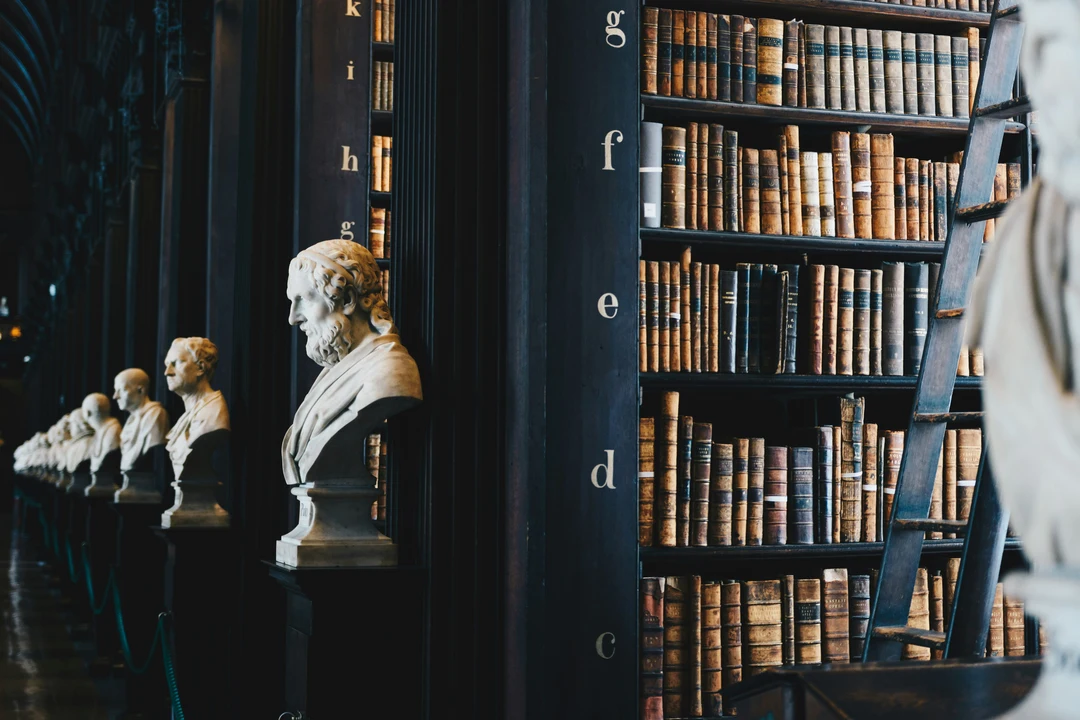 Rows of books on shelves, with bust statues nearby